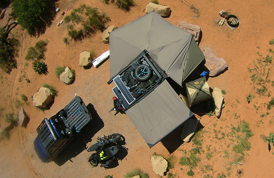 TC teardrop with batwing awning overhead photo