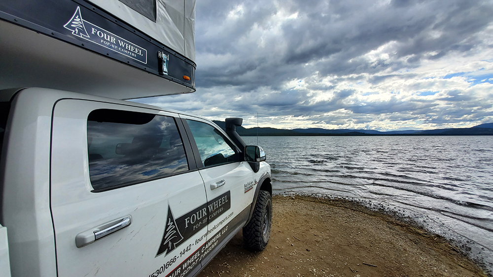 truck camper view west across high sierra lake